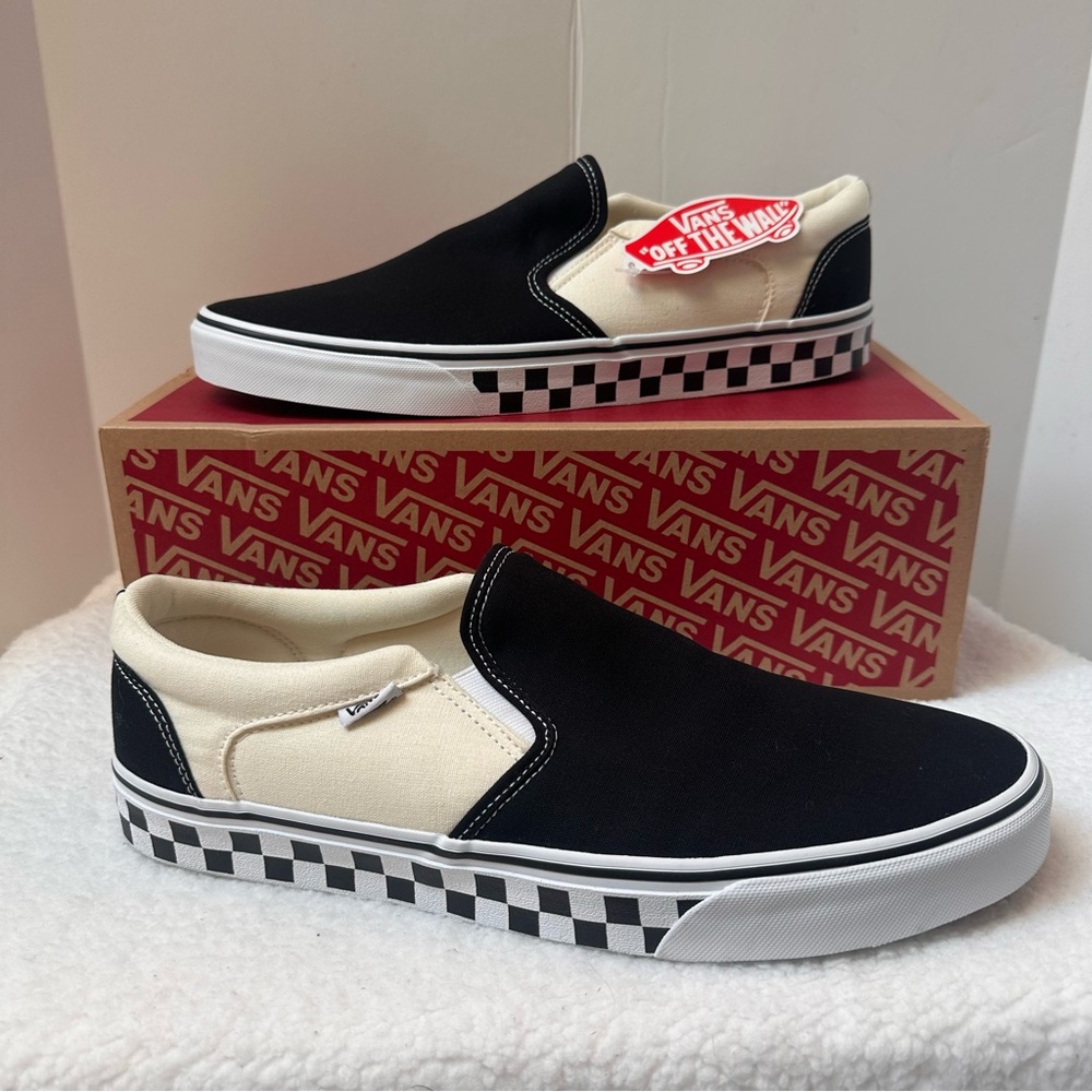Vans Black and Cream Checkerboard Slip-On Sneakers